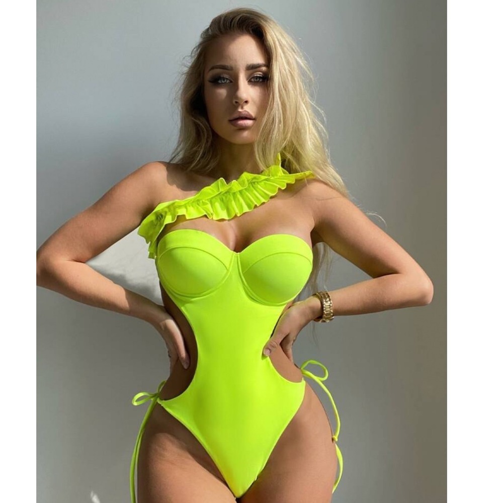 SHEIN One Piece Swimsuit Large Neon Lime Green Ruffle Cutout Monokini New